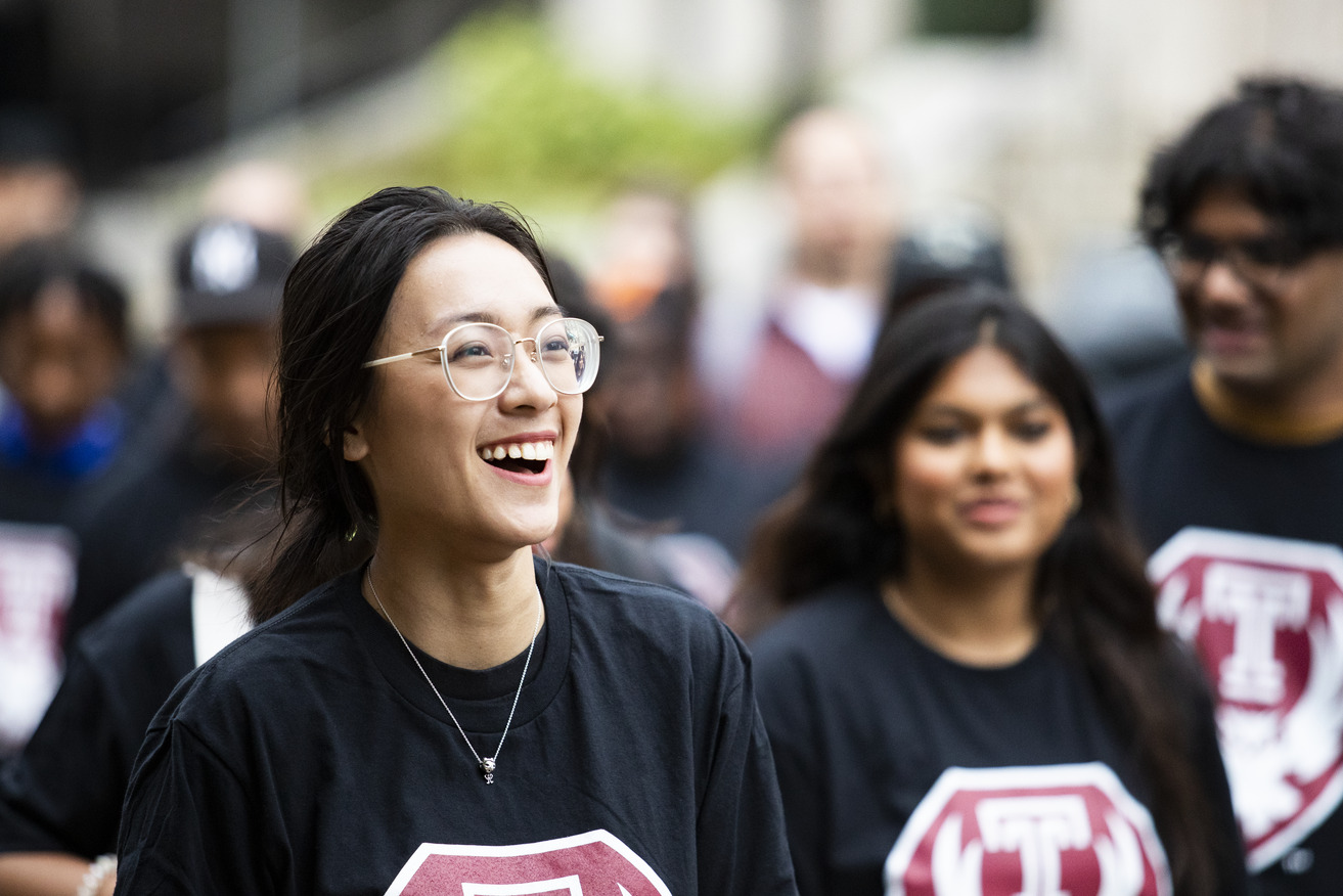 Three students in Temple Owl t shirts