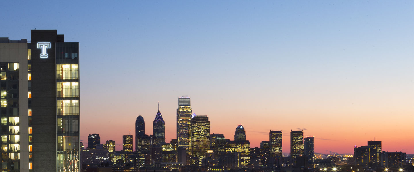 Philadelphia skyline at sunset.